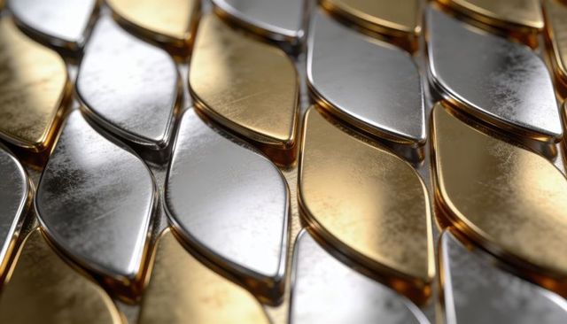 Alternating gold and silver teardrop metal tiles with patina and raised seams