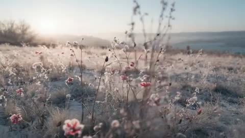 Gliding Dawn Over Frosted Meadow Revealing Red Flowers and Crystalline Seedpods