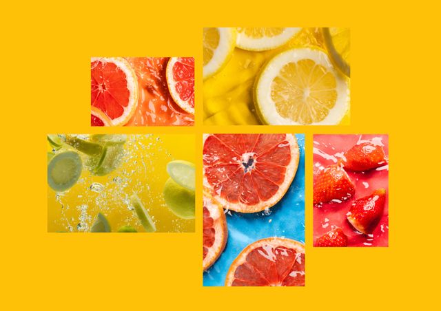 Bright vibrant citrus collage featuring fresh lemons, limes, and grapefruits on colorful backgrounds. This visually striking arrangement invokes senses of summer, freshness, and health, making it ideal for advertisements, social media posts, or wellness and food blogs. Perfect for themes around juice, refreshment, and healthy living.