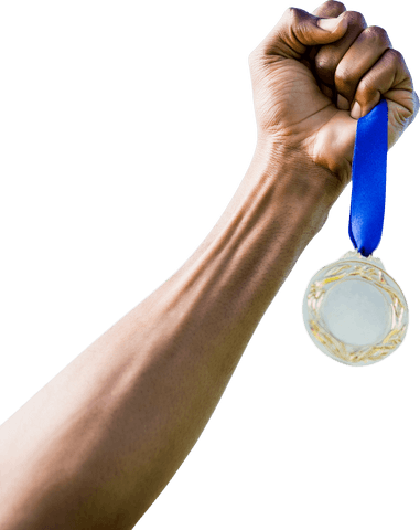 transparent background features hand grasping silver medal with blue ribbon, symbolizing achievement, victory, and competition success. ideal for illustrating concepts of winning, honor, and motivation in sporting events, business presentations, and motivational posters.