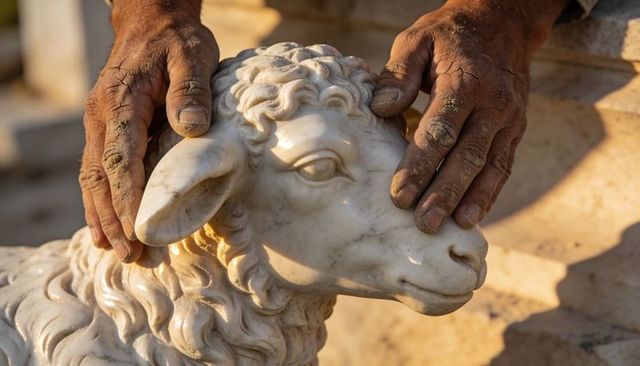 Cradling hands guiding carved marble lamb head in warm sunlight