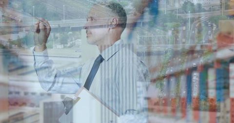 Businessman Analyzing Global Shipping Trends with Digital Overlay