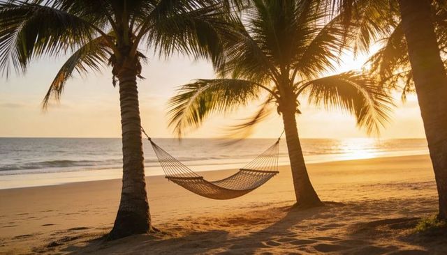 Empty hammock swaying between palm trees on tropical beach at golden sunset