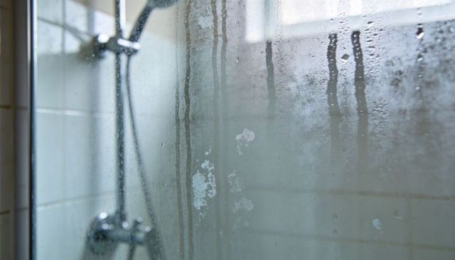 Fogging glass shower panel with soap scum, mineral deposits and chrome shower head