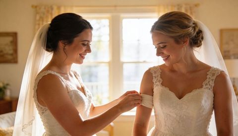 Two brides adjusting lace wedding dresses in sunlit bridal suite, veils and smiles