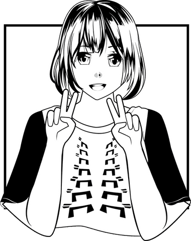 Manga girl expressing positivity with peace signs on transparent background