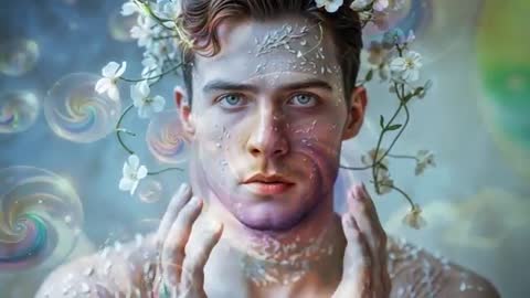 Surreal Portrait of Man with Blossoms and Colorful Spirals