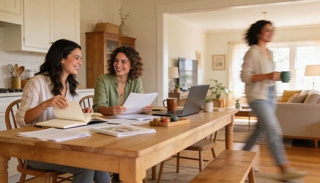 Reviewing documents and collaborating at home dining table during remote work