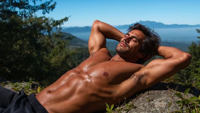Hispanic man sunbathing shirtless on mountain overlook showcasing athletic physique