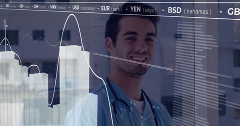 Doctor in Scrubs Analyzing Currency Trends on Digital Display