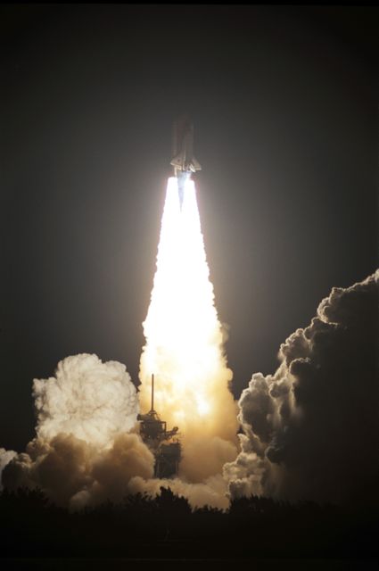 STS113-S-037 (23 November 2002) --- Against a black night sky, the Space Shuttle Endeavour heads toward Earth orbit and a scheduled link-up with the International Space Station (ISS). Liftoff from the Kennedy Space Center's Launch Complex 39 occurred at 7:49:47 p.m. (EST), November 23, 2002. The launch is the 19th for Endeavour, and the 112th flight in the Shuttle program. Mission STS-113 is the 16th assembly flight to the International Space Station, carrying another structure for the Station, the P1 integrated truss. Crewmembers onboard were astronauts James D. Wetherbee, commander; Paul S. Lockhart, pilot, along with astronauts Michael E. Lopez-Alegria and John B. Herrington, both mission specialists. Also onboard were the Expedition 6 crewmembers--astronauts Kenneth D. Bowersox and Donald R. Pettit, along with cosmonaut Nikolai M. Budarin--who went on to replace Expedition 5 aboard the Station.