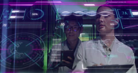 Diverse Scientists Analyzing Data in Server Room with Digital Interface