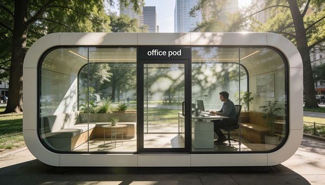 Modern glass office pod in city park with man working at desk, sunlight and urban greenery