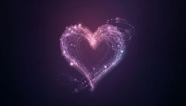 Luminous particle heart with sparkling light trails on deep purple gradient