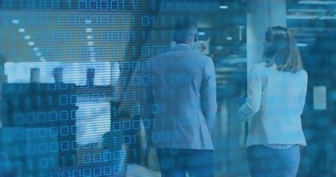 Business Colleagues Discussing Cybersecurity in Office with Digital Overlay