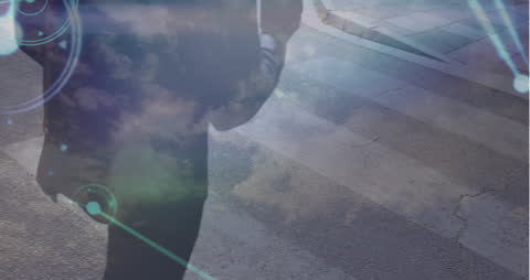 Businesswoman with Coffee Cup in Digital Network Visualization