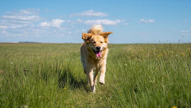 Joyful golden retriever running through sunlit meadow along prairie trail with wildflowers