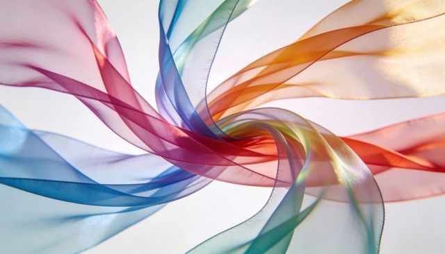 Swirling sheer ribbons twisting into spiral, flowing translucent organza fabric abstract