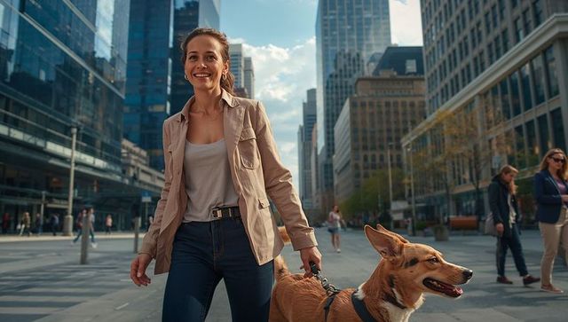 Smiling woman walking tan dog across sunlit downtown plaza, leading harnessed canine