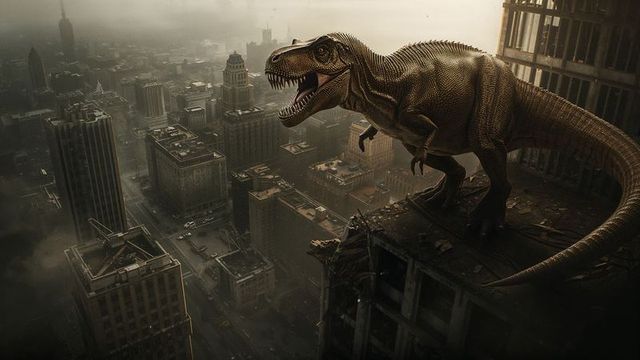 Tyrannosaurus rex roaring over dystopian cityscape