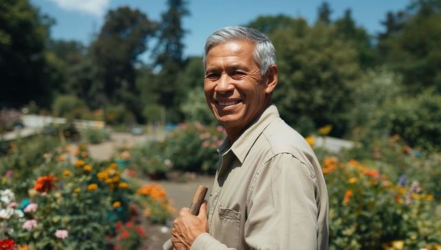 Happy Senior Gardener Enjoying Day in Vibrant Outdoor Garden