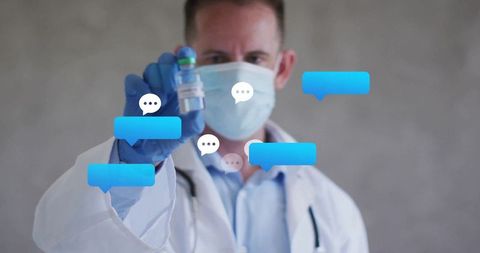 Doctor holding glass vial with digital healthcare chats