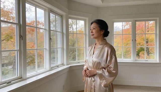 Senior asian woman gazing out bay window in champagne satin robe with autumn foliage view