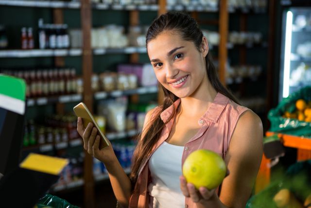 Young woman smiling and using her phone while shopping for organic fruits in a supermarket. She is holding a lemon and appears to be enjoying her grocery shopping experience. This image can be used for promoting healthy lifestyles, organic food markets, grocery shopping apps, and technology in everyday life.