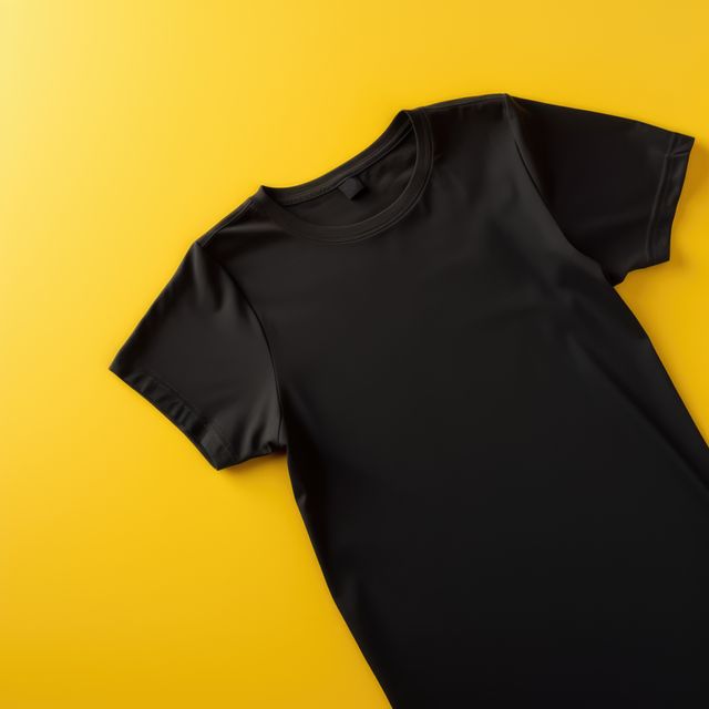 This image features a black plain t-shirt laid out on a vibrant yellow background, highlighting its minimalist and casual style. Perfect for fashion presentations, product mockups, online clothing stores, and promotional materials. The contrast between the black t-shirt and yellow background makes it visually appealing and versatile for various creative uses.