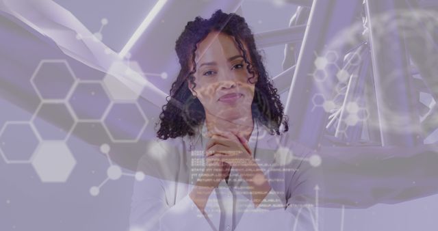 Female Scientist Smiling with Scientific Graphics Overlay - Download Free Stock Images Pikwizard.com