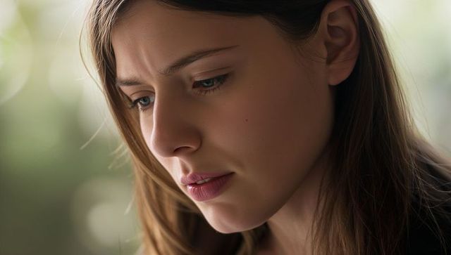 Pensive young woman looking downward closeup portrait sidelit soft bokeh background