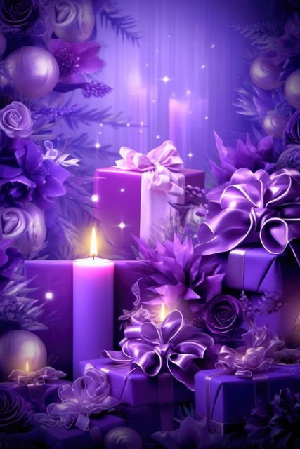 Christmas Gifts with Purple Decorations and Candles - Download Free Stock Images Pikwizard.com