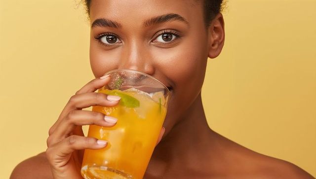 Sipping refreshing citrus drink closeup portrait with glowing skin and bare shoulders