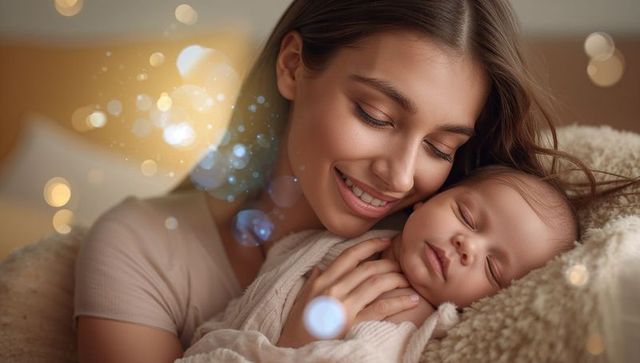 Mother embracing sleeping baby surrounded by warm glowing lights