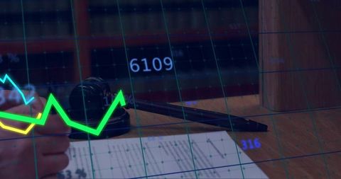 Gavel and pen overlaid with financial charts showing legal risk and compliance