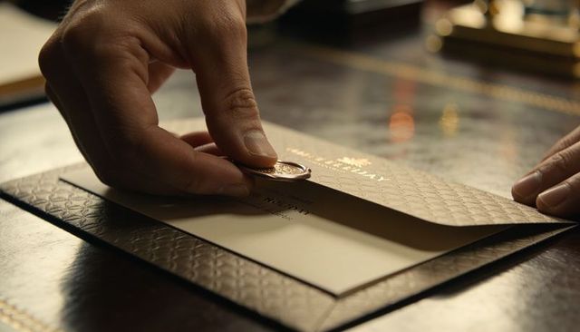 Pressing wax seal on embossed invitation envelope with male hands closeup