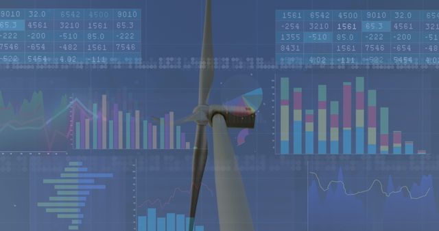 Imagery blends financial analytics with a scenic view of wind turbines, associating concepts of global finance and sustainable energy solutions. Ideal for use in presentations or digital media focused on energy economies, sustainability innovations, or economic reports that highlight the integration of technology in energy sectors.