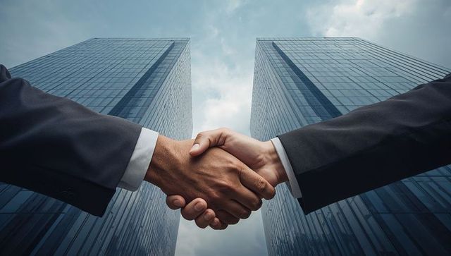 Business Executives Shaking Hands in Front of Skyscrapers