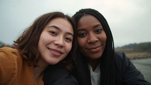 Two friends leaning together smiling for selfie at misty shoreline close-up portrait
