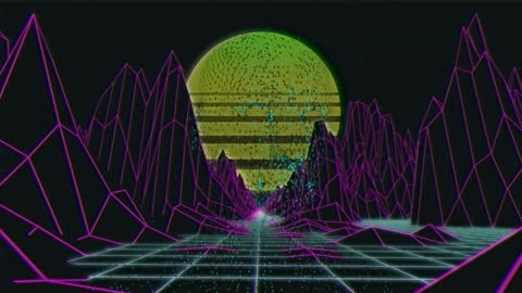 Futuristic Digital Landscape with Sun and Network Mountains