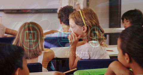 Diverse classroom with digital data interface overlay