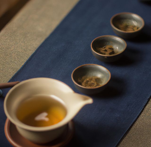 Image of close up of cup of tea and three dishes on dark blue background. Drink and tea concept.