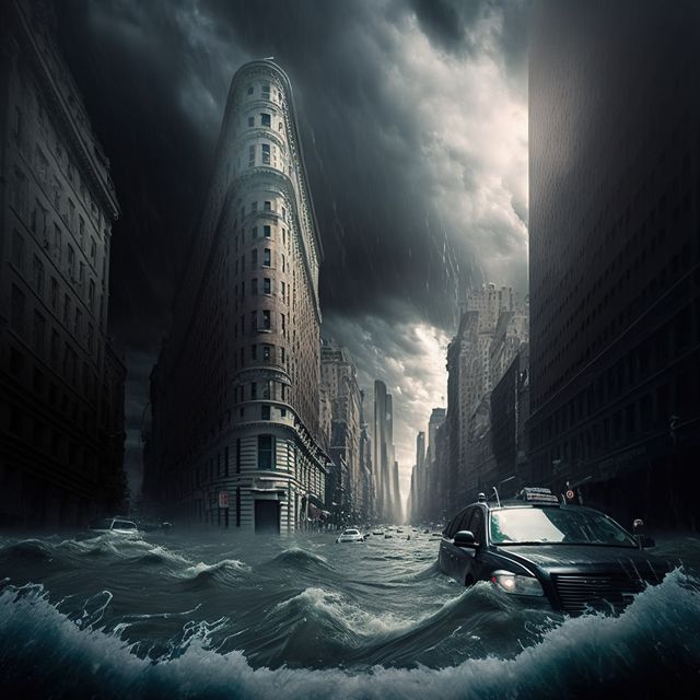 Image depicts an urban street submerged in a flood with vehicles partially underwater. Dark storm clouds loom over the cityscape, creating a dramatic and apocalyptic atmosphere. Useful for themes related to natural disasters, climate change, extreme weather, or post-apocalyptic scenarios.