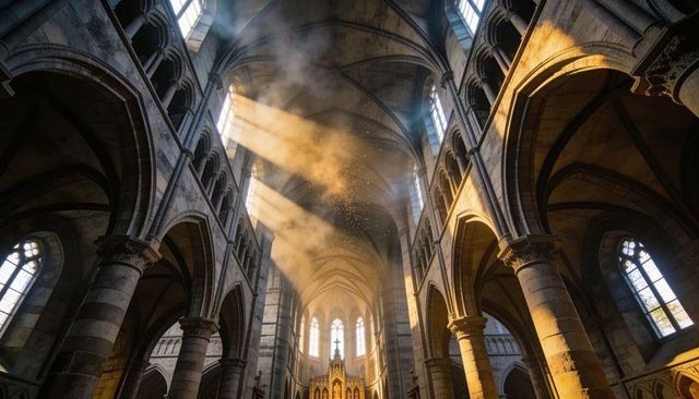Sunlit gothic cathedral interior with vaulted nave, stone arches and ornate altarpiece