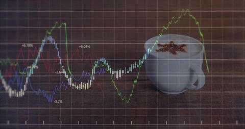 Cappuccino cup merging with stock market candlestick chart on wood table finance concept