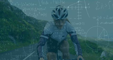 Female Cyclist Enveloped in Complex Mathematical Equations