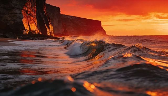 Curling sunset wave crashing against rugged cliffside, fiery golden ocean reflection
