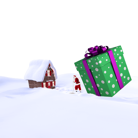 Santa delivering oversized gift in snowy landscape transparent background