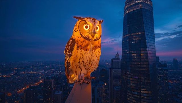 Giant luminous owl perched on rooftop parapet glowing lantern eyes over skyline at dusk