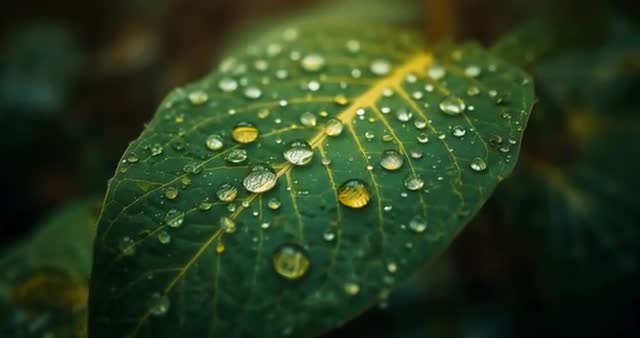Macro View of Water Droplets on Leaf After Rain